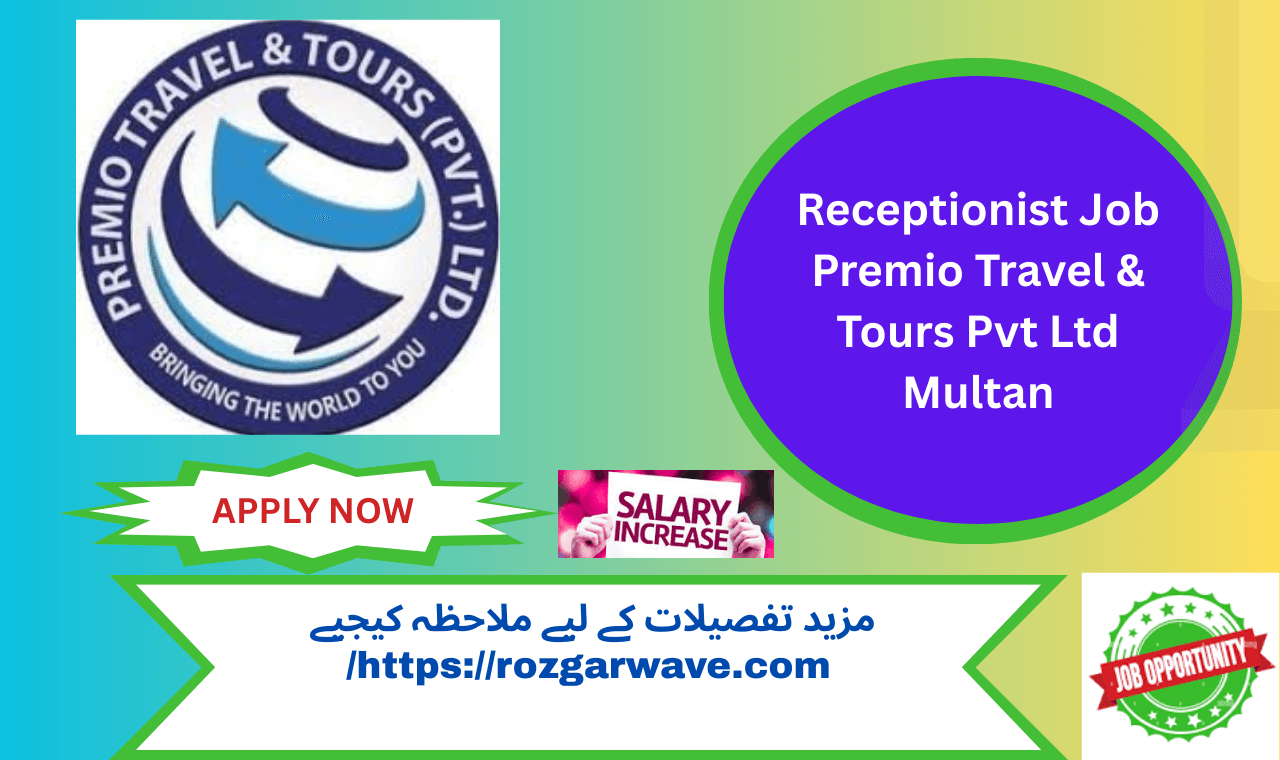 Female receptionist smiling at travel agency front desk in Multan