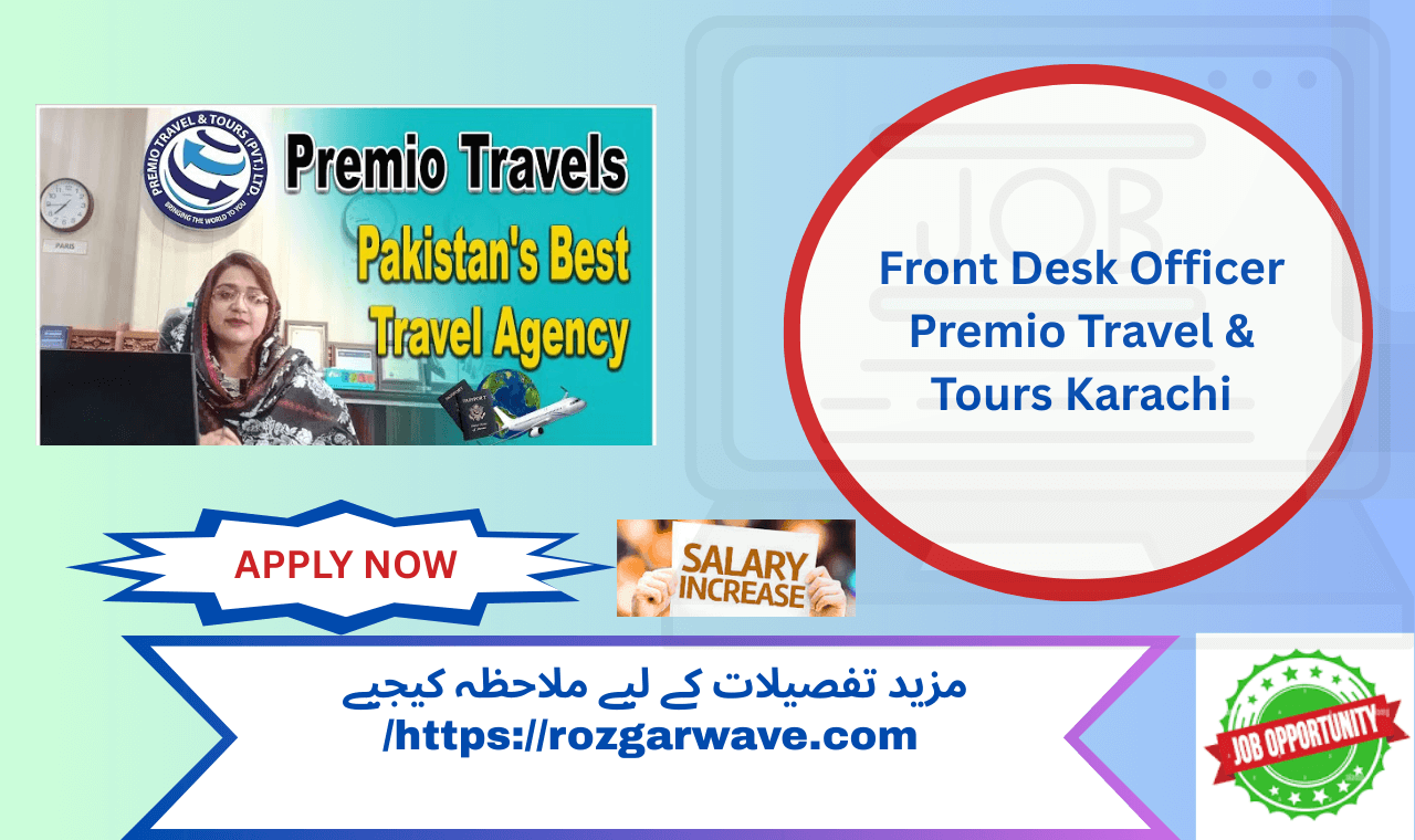 Professional front desk officer attending clients at Premio Travel & Tours office, Karachi.