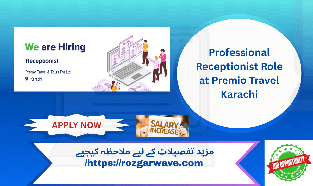 Receptionist welcoming clients at Premio Travel & Tours front desk in Karachi office