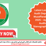 Advertisement for Local Fund Audit Department Muzaffarabad Jobs 2025, featuring Auditor and Stenographer vacancies for Matric, Intermediate, and Bachelor pass candidates in AJK.